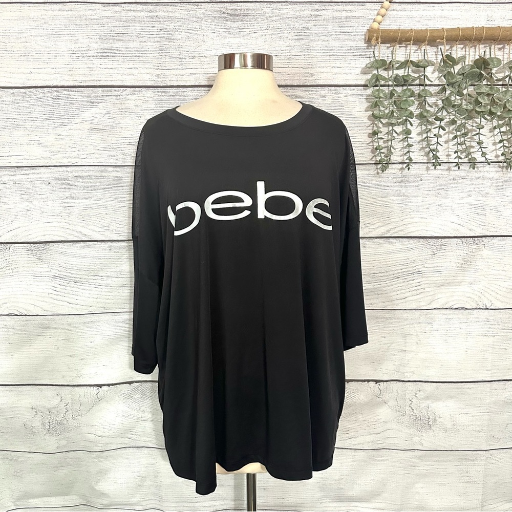 3/$22🩶 Bebe Sport Silver LOGO Tee Shirt Top Black Stretch Mesh Back Upper 3X
